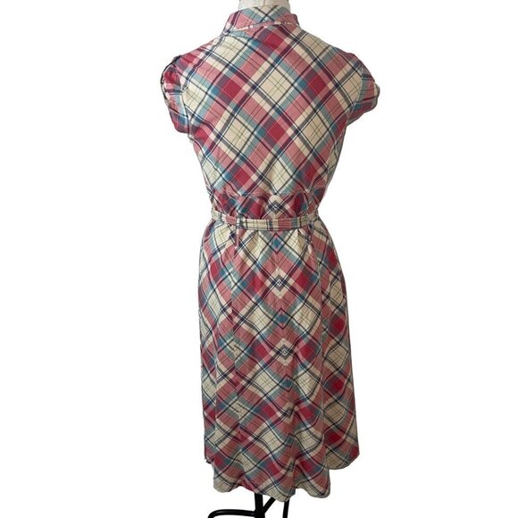 J Peterman Vintage Midi Dress Size 6 Pink Blue Cream Plaid Cotton Matching Belt - Picture 15 of 15